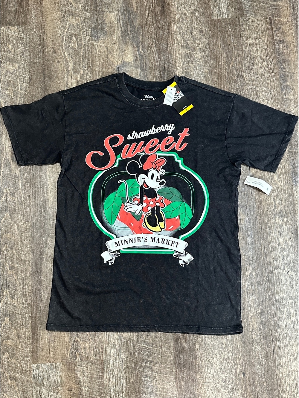 Disney Minnie Mouse Strawberry Sweet Graphic T-Shirt, Size Medium, Black Cotton